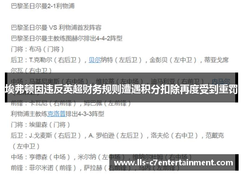 埃弗顿因违反英超财务规则遭遇积分扣除再度受到重罚