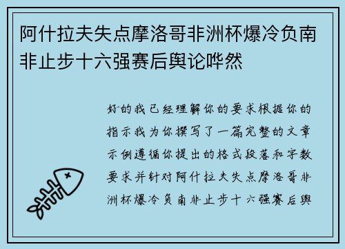 阿什拉夫失点摩洛哥非洲杯爆冷负南非止步十六强赛后舆论哗然