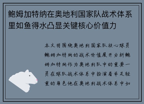 鲍姆加特纳在奥地利国家队战术体系里如鱼得水凸显关键核心价值力
